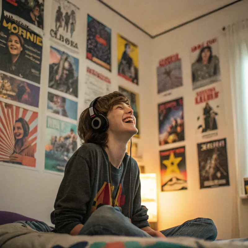 Teen Listening to Music with Favorite Band Posters