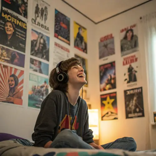 Teen Listening to Music with Favorite Band Posters