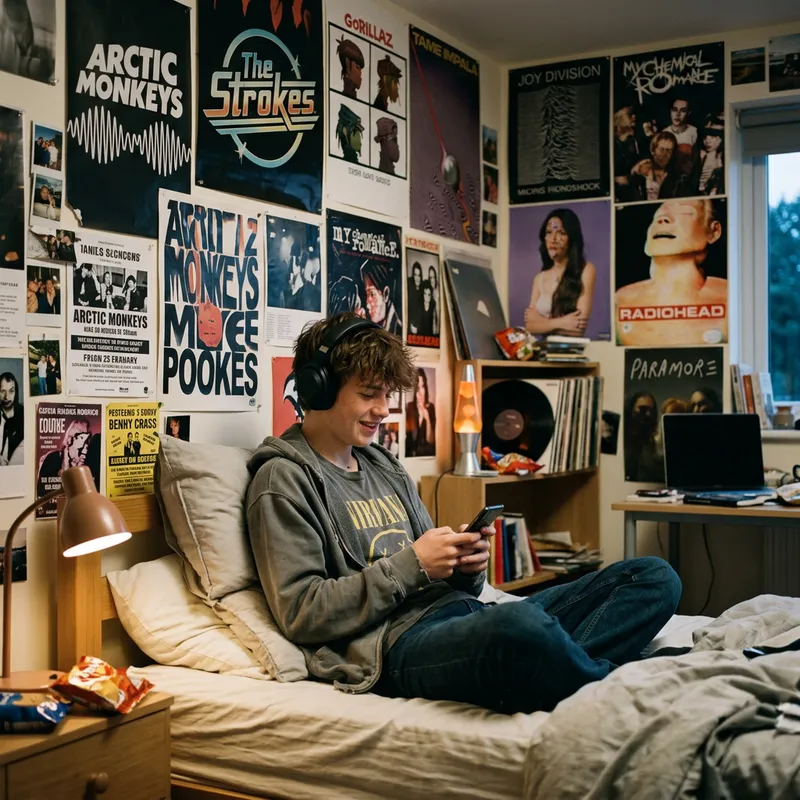 Teen Listening to Music with Favorite Band Posters Teen Listening to Music with Favorite Band Posters