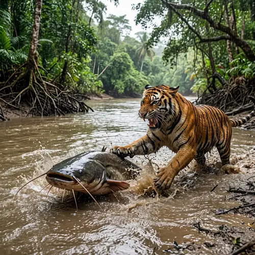Catfish vs Tiger: Wild Confrontation of Two Species