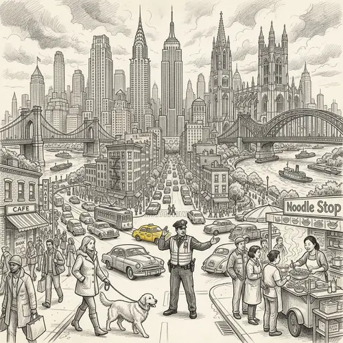 Intricate Pencil Sketch of a Bustling City - Skyline & Urban Life