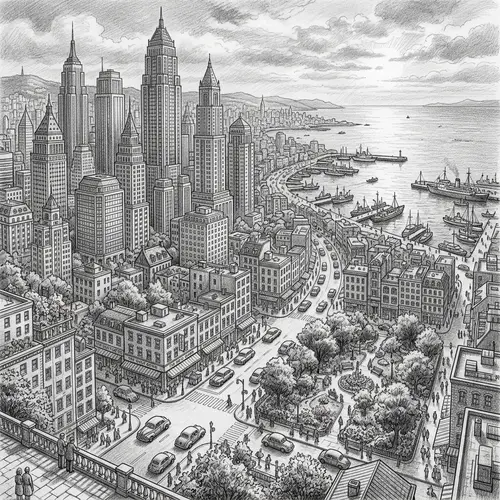Detailed Pencil Drawing of Urban Landscape with Skyscrapers and Seaside View