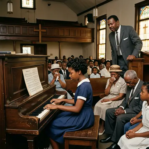 Sad Black Girl Playing Upright Piano in 1963 Southern Black Church