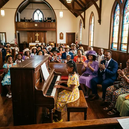 Young Black Girl Playing Upright Piano in Historic Southern Church