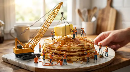 Miniature Construction Workers Build a Pancake