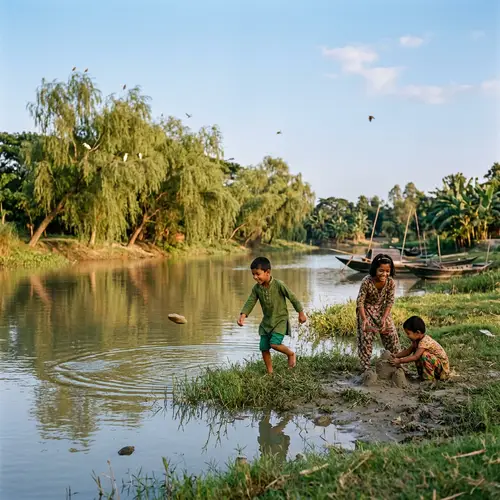 Serene South Asian Children Playing by Calm River
