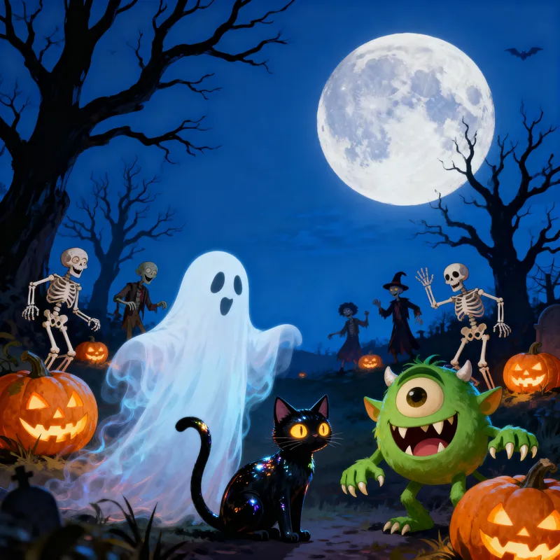 Friendly Halloween Landscape with Ghoulish Fun