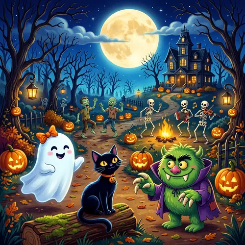 Friendly Halloween Landscape with Ghoulish Fun