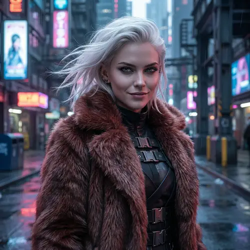 Confident Caucasian Female Character with Striking White Hair