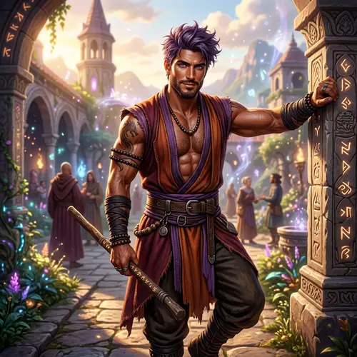 Handsome Hispanic Male Monk with Violet Hair in Fantasy Realm