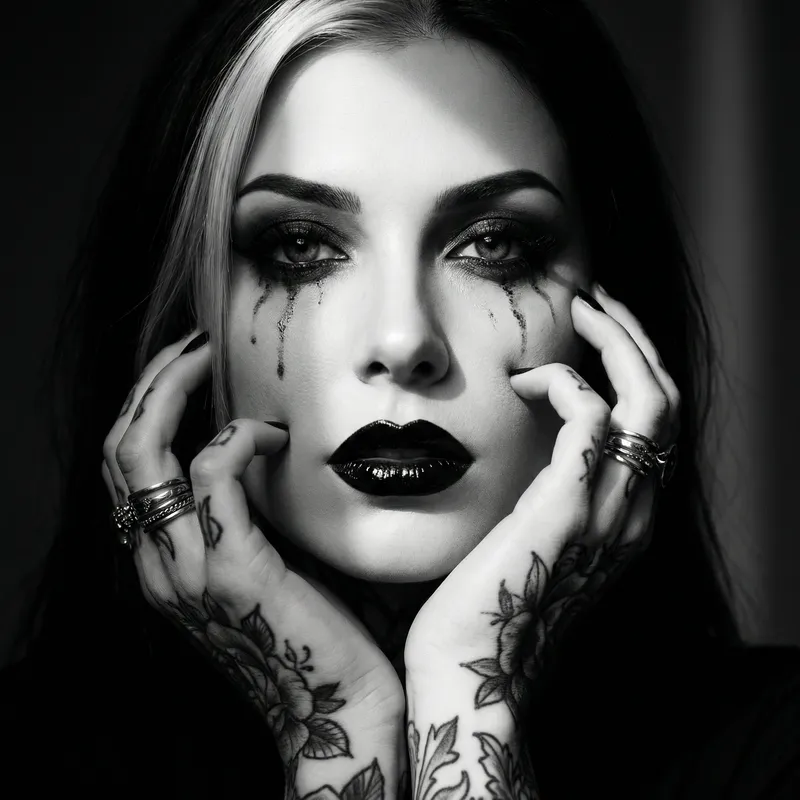 Alluring Femme Fatale: Dark Makeup, Ornate Tattoos & Dramatic Pose