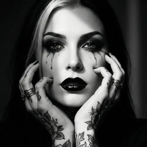Captivating Woman with Dark Makeup and Intricate Tattoos