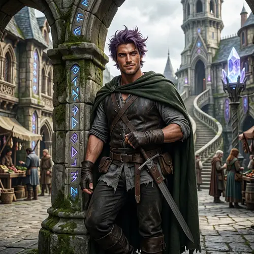 Handsome Male Character with Violet Hair in Fantasy Setting