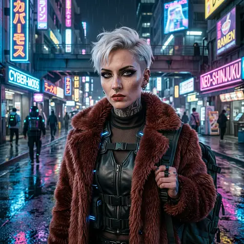 Cyberpunk Female Character with White Hair and Piercing Gray Eyes