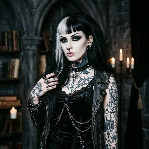 Stunning Goth Woman with Dark Hair, White Streak, Piercings & Tattoos