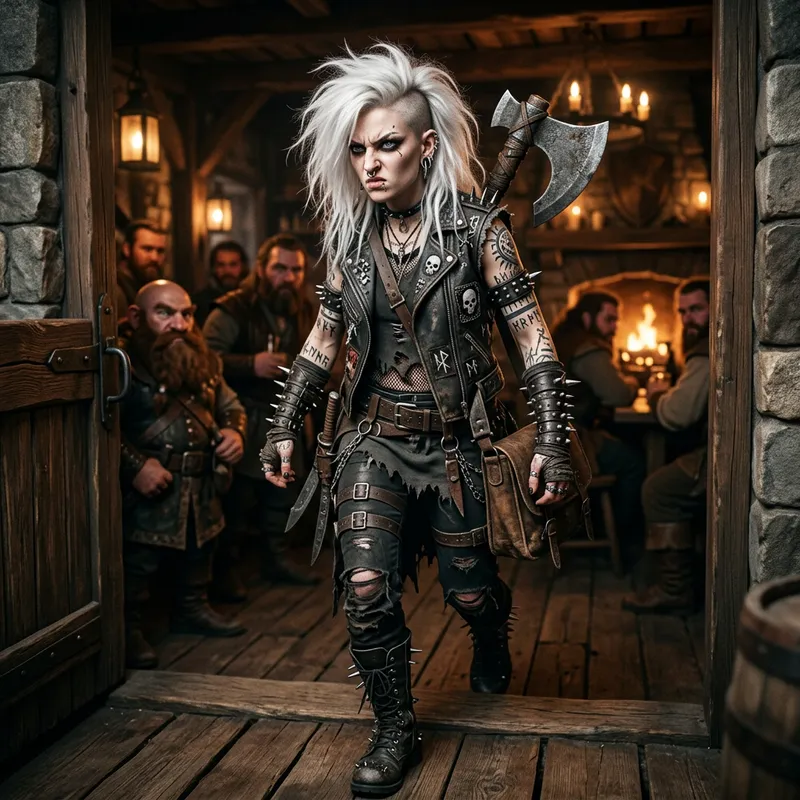 Captivating Dangerous Fantasy Woman with Punk-Styled White Hair and Piercings Captivating Dangerous Fantasy Woman with Punk-Styled White Hair and Piercings