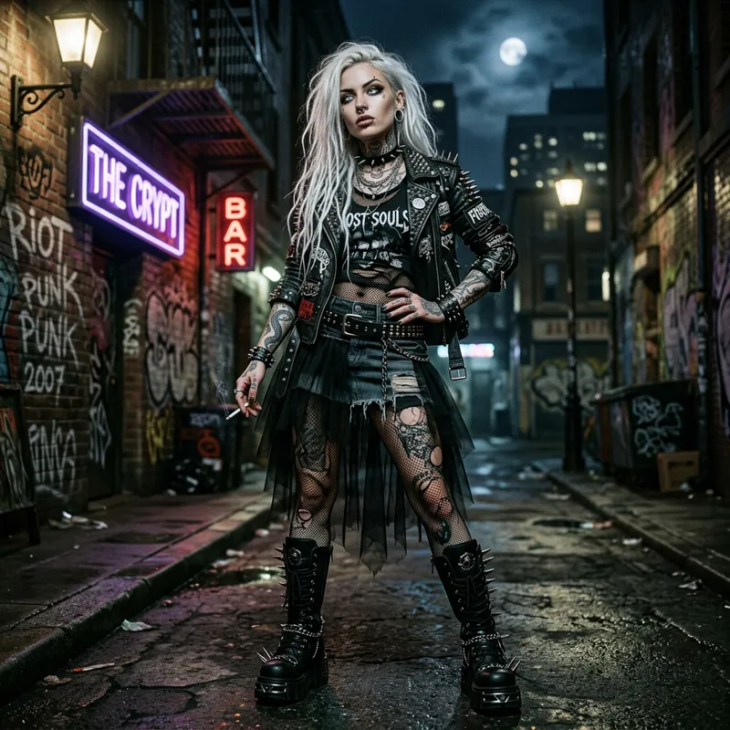Fantasy Goth Woman: White Hair, Silver Eyes, Punk Vibe