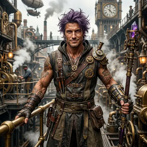 Handsome Male Steampunk Monk with Violet Hair and Eyes