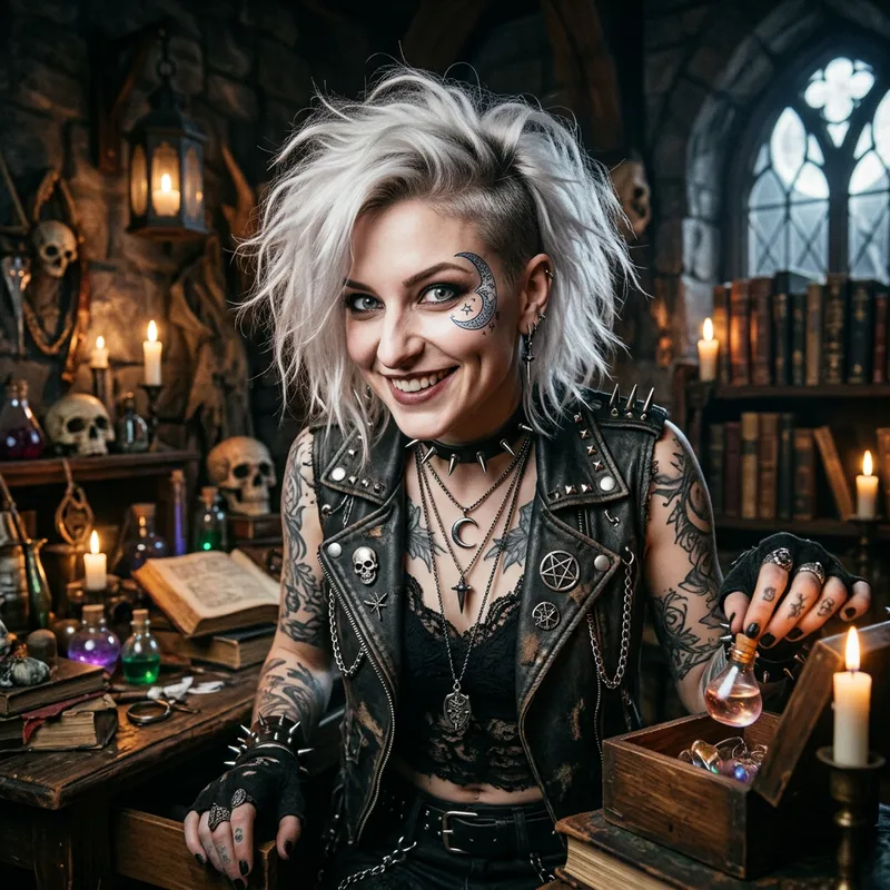 Beautiful Fantasy Goth Woman with Punk White Hair