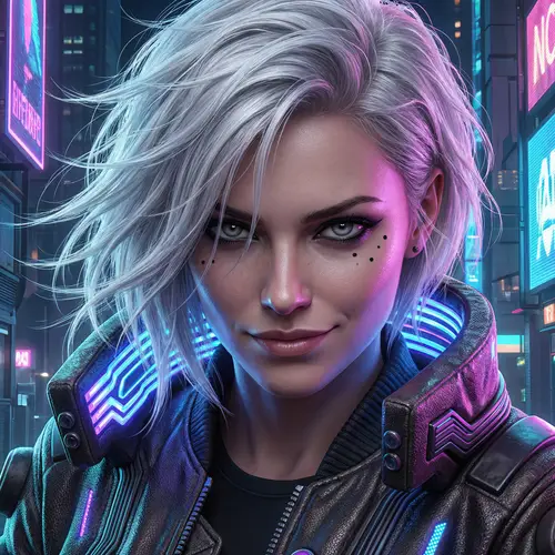 Cyberpunk Female Character with Silver-White Hair | Digital Art Style