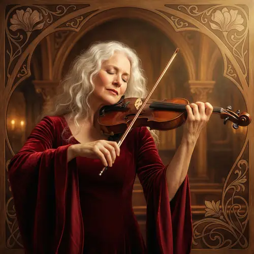 Hispanic Woman Playing Violin in Ornate Concert Hall | Art Nouveau Style