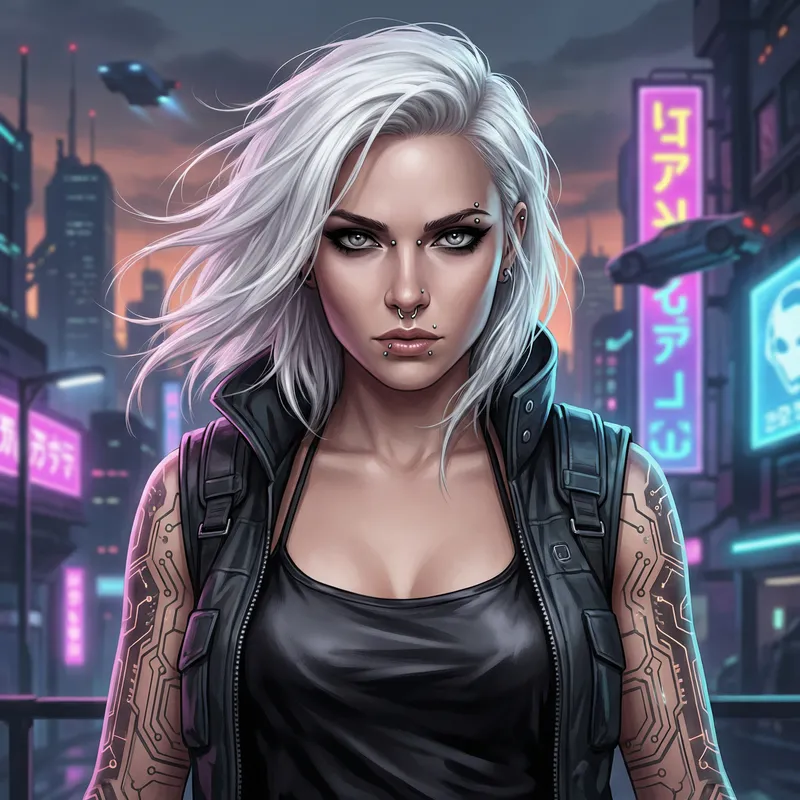 Cyberpunk Gothic Fantasy Female - White Hair & Piercing Gray Eyes Cyberpunk Gothic Fantasy Female - White Hair & Piercing Gray Eyes