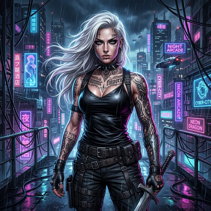 Pale Goth Fantasy Female with Piercings and Tattoos - Cyberpunk Art Pale Goth Fantasy Female with Piercings and Tattoos - Cyberpunk Art