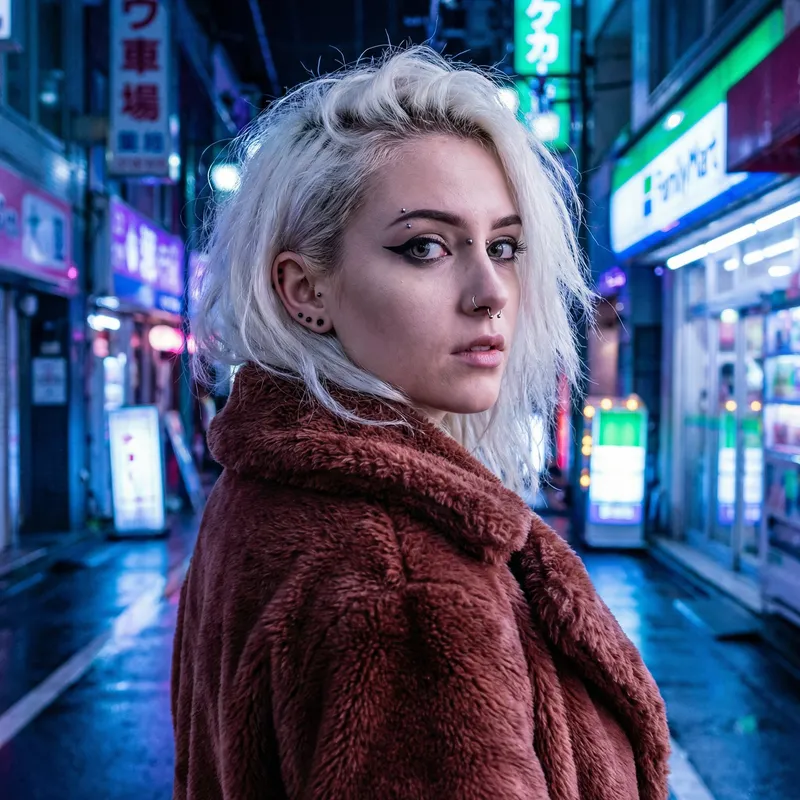 Striking Female Character with White Hair in Cyberpunk Fur Coat