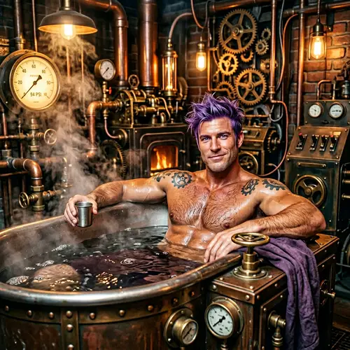 Cocky Male Monk with Violet Hair in Steampunk Setting
