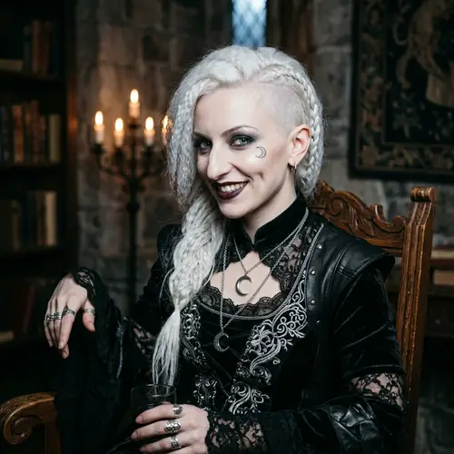 Fantasy Gothic Woman with Braided White Hair and Silver Moon Tattoo