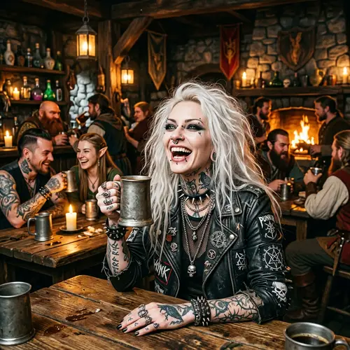Fantasy Goth-Punk Woman Laughing in Lively Bar Scene