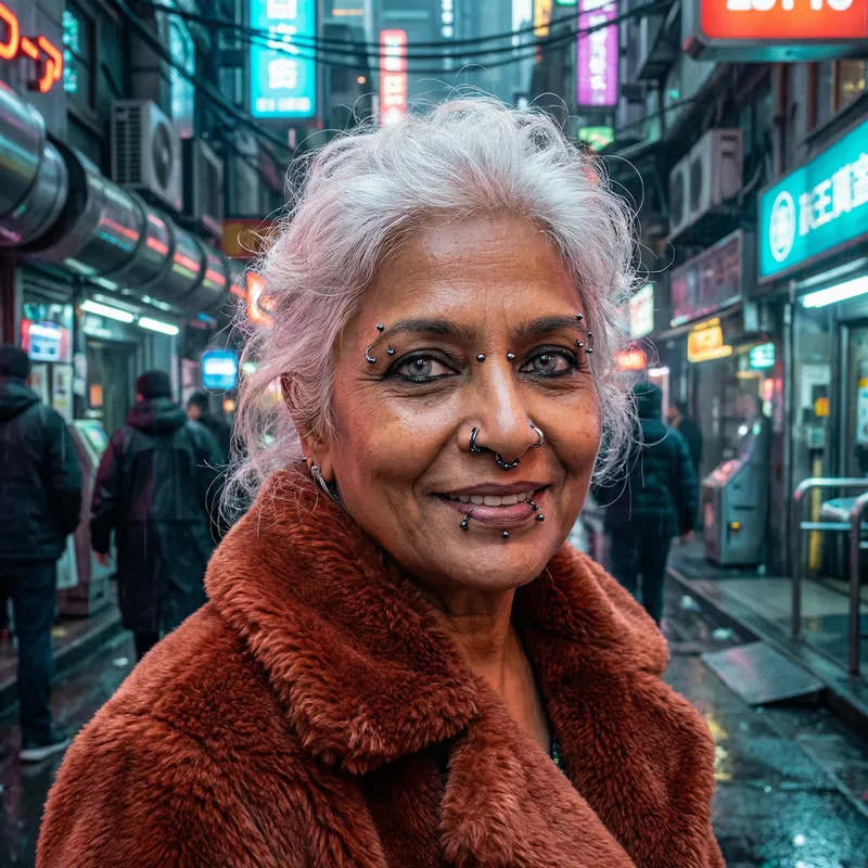 Futuristic Cyberpunk Portrait with Striking White Hair and Piercings