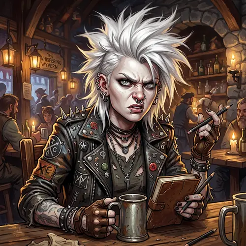 Fantasy Punk Woman Illustration with White Hair and Piercings