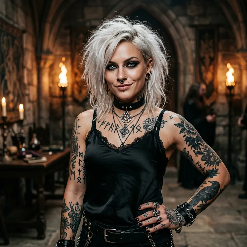 Athletic Goth Woman with White Punk Hair in Fantasy Digital Art