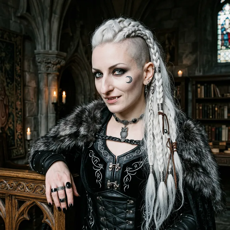Enchanting Gothic Woman with Viking Braids and Mysterious Charms