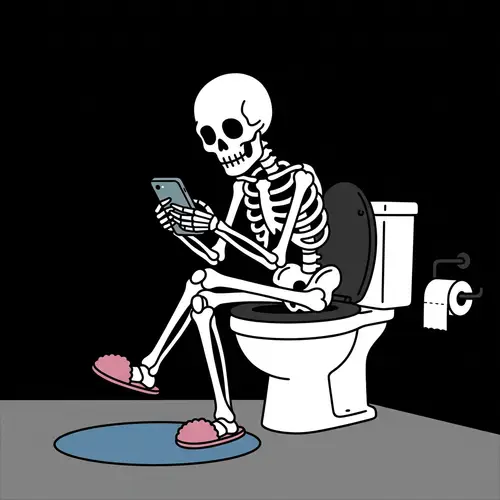Humorous Skeleton Cartoon on Modern Toilet with Mobile Device