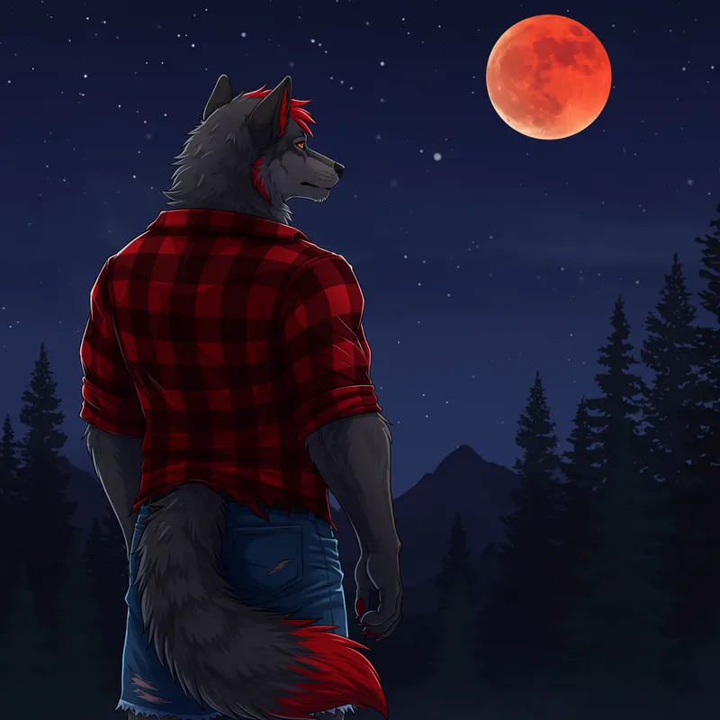 Buff Wolf Under Blood Moon | Fluffy & Fierce