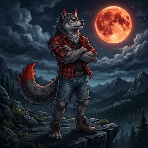 Buff Wolf Under Blood Moon | Fluffy & Fierce