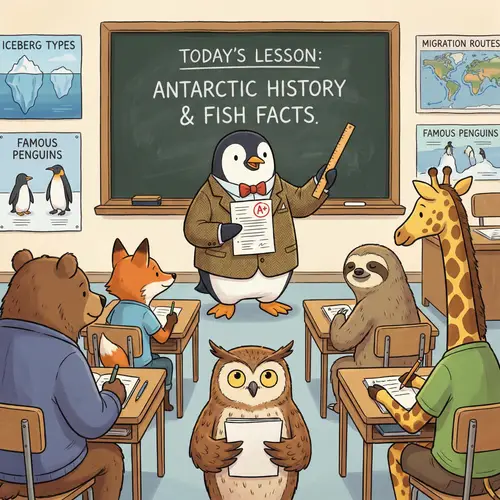 Cartoon Penguin Teacher Giving Lecture to Animal Students