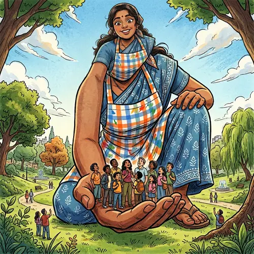 Giant South Asian Woman Holds Tiny People in Awe