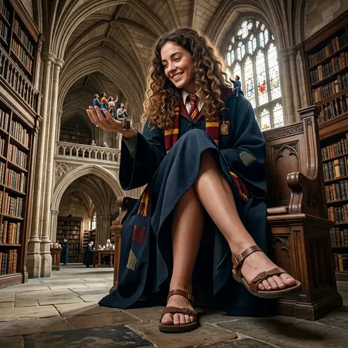 Colossal Giantess Hermione Granger in Library with Tiny People