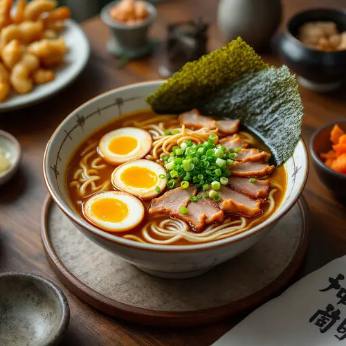 Delicious Tonkotsu Ramen and Tempura Shrimp Dish