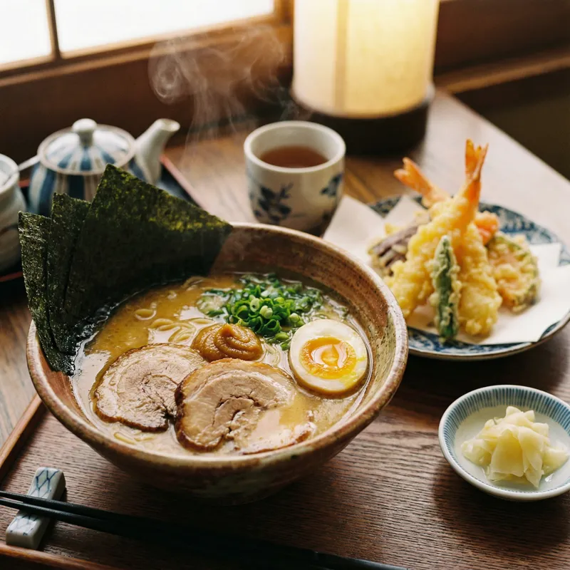 Delicious Tonkotsu Ramen and Tempura Shrimp Dish