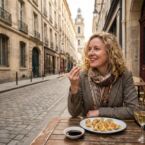 Caucasian Woman Enjoying Potstickers in European Setting