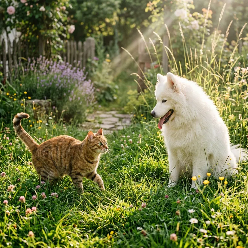 Cat and White Dog In Playful Stare-off