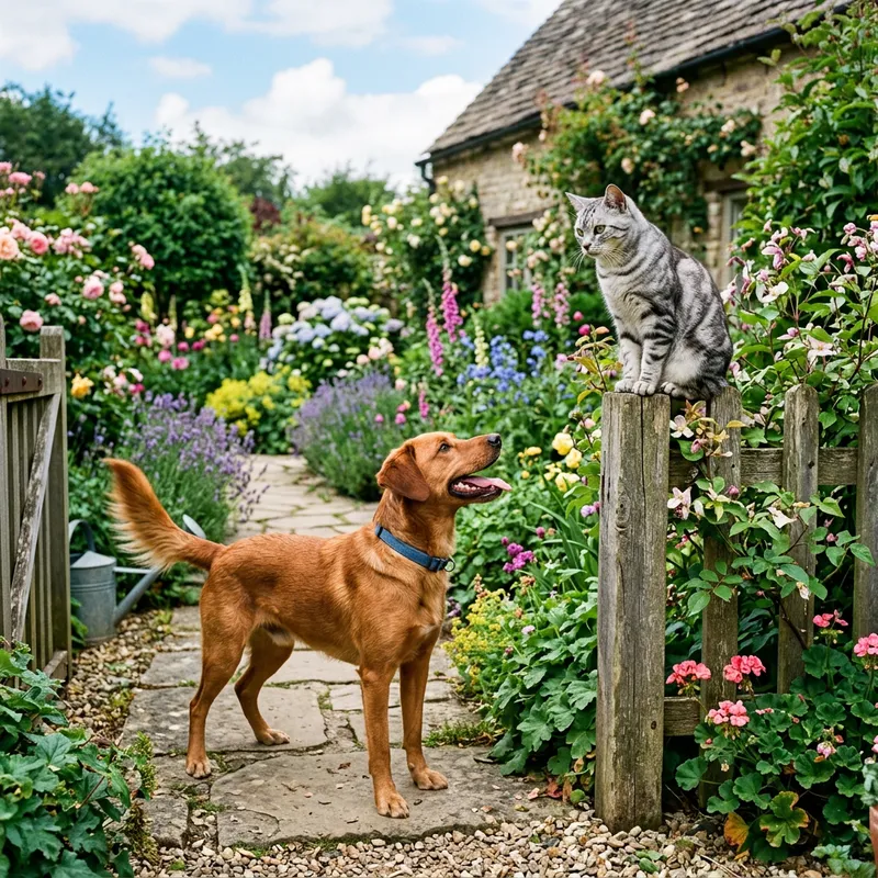 Dog and Cat: Playful Interaction in Garden Scene Dog and Cat: Playful Interaction in Garden Scene