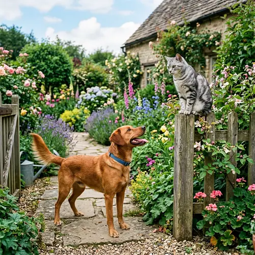 Dog and Cat Interaction in Garden: Playful Scene