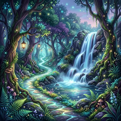 Mystical Forest with Glowing Pathway to Waterfall