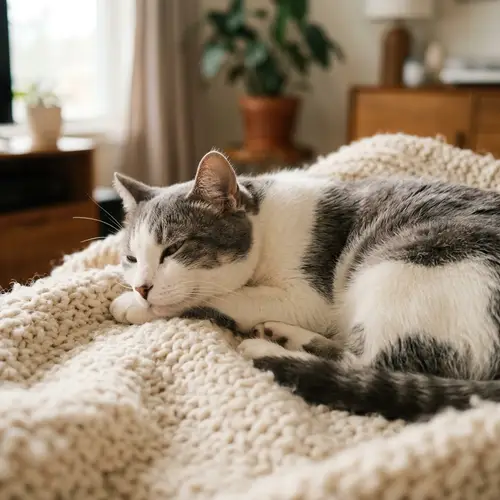 Relaxing White and Gray Domestic Cat on Soft Plush Blanket