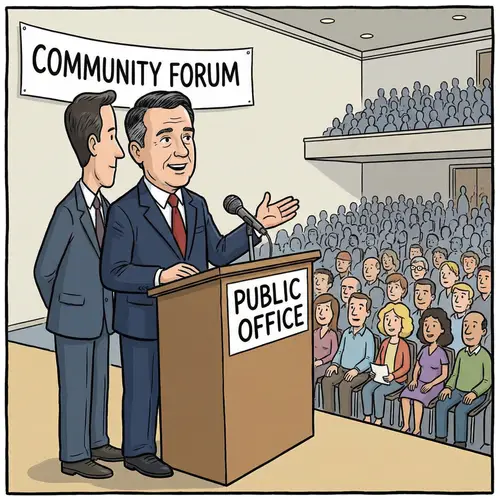 Middle-Aged Male Public Figure Speaking to Crowd